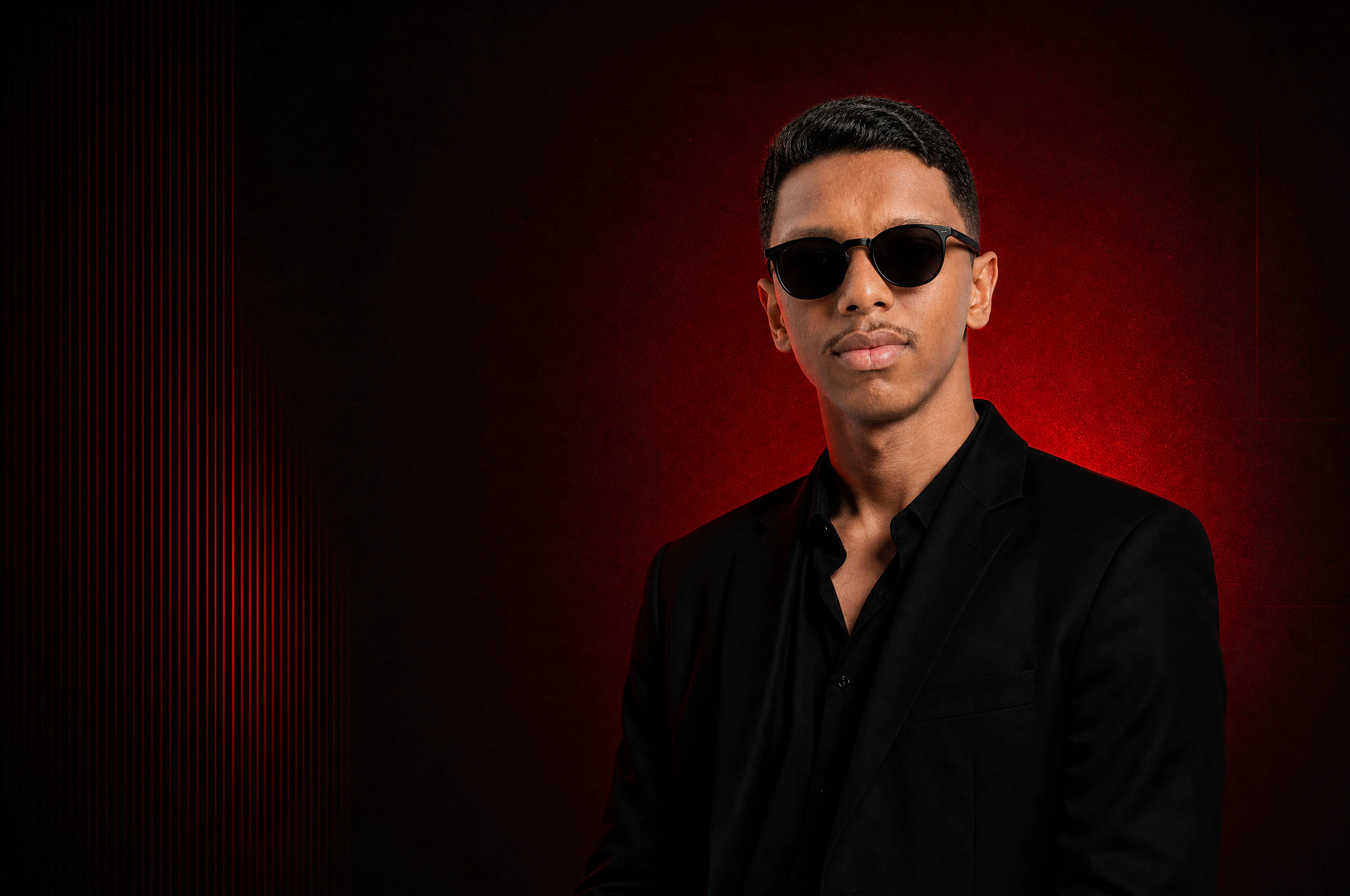 Aariz Surani in a black suit and sunglasses